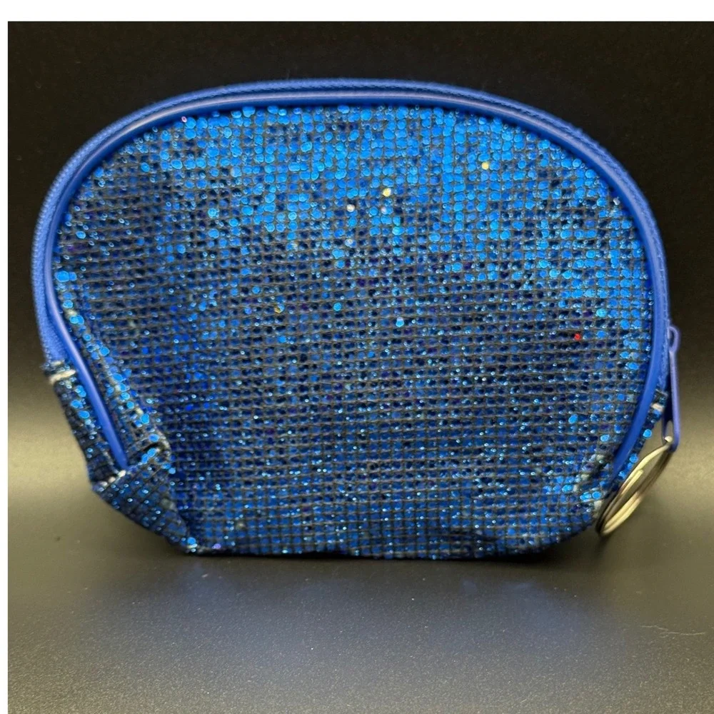 Sparkly Blue Cosmetic Bag Pouch Zippered Keychain Holder Rhinestone‎ Glitter